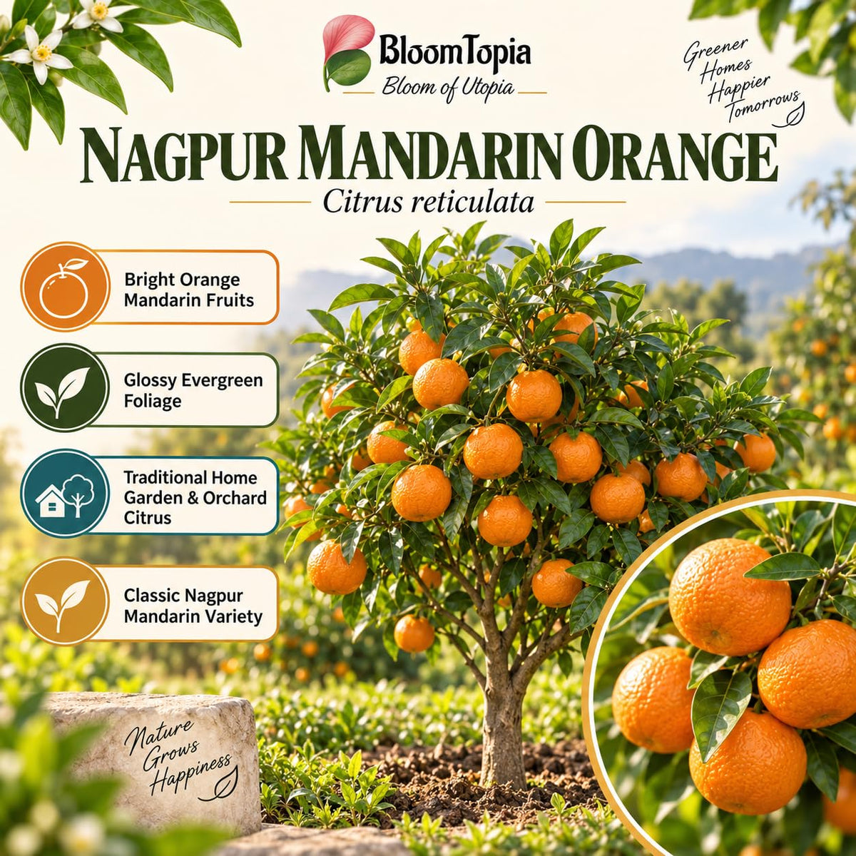 Illustration of mature Nagpur Mandarin Orange features with variety callouts.