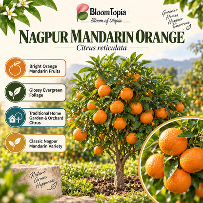 Illustration of mature Nagpur Mandarin Orange features with variety callouts.