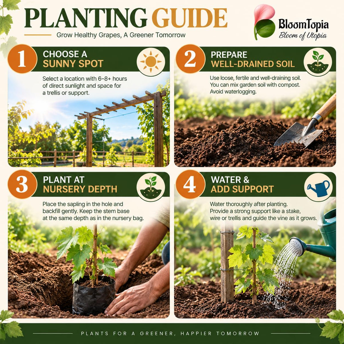 Step-by-step planting illustration for Green Grapes (Angur) Vine.