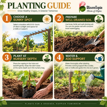 Step-by-step planting illustration for Green Grapes (Angur) Vine.