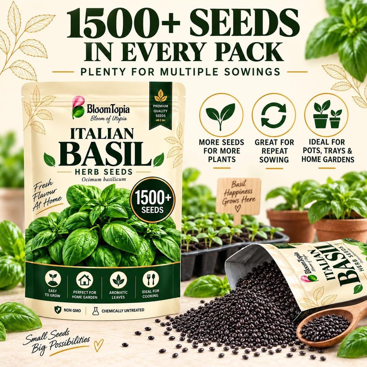 Italian basil seed pouch, loose seeds and pack-quantity panel.