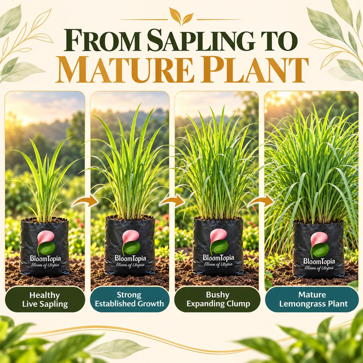 Illustrated growth stages for Lemongrass, from young plant to mature growth.