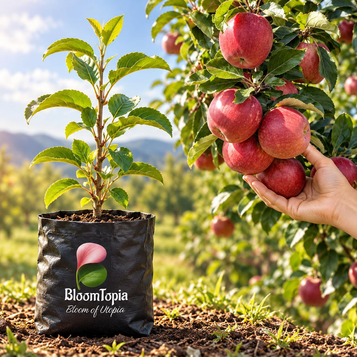 Illustration comparing young HRMN-99 Hariman Apple nursery growth with a mature plant.