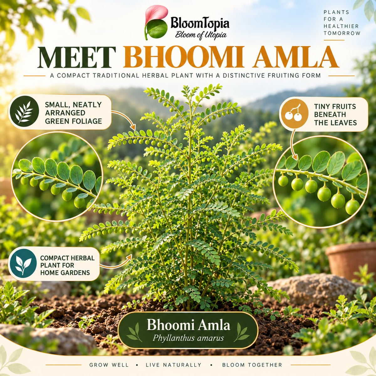 Illustration of mature Bhoomi Amla features with variety callouts.