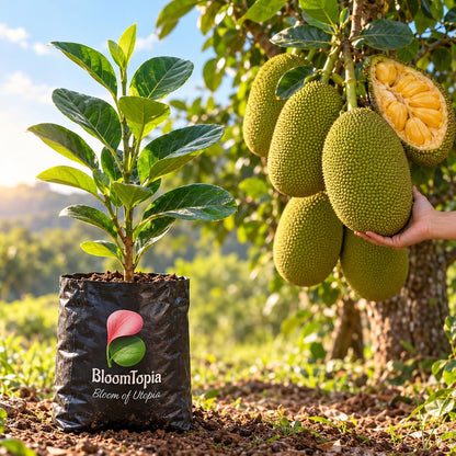 Illustration comparing young Vietnam Super Early Jackfruit nursery growth with a mature plant.