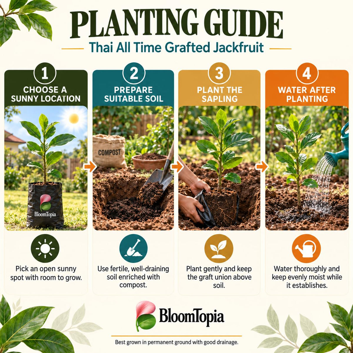 Step-by-step planting illustration for Thai All Time Grafted Jackfruit.