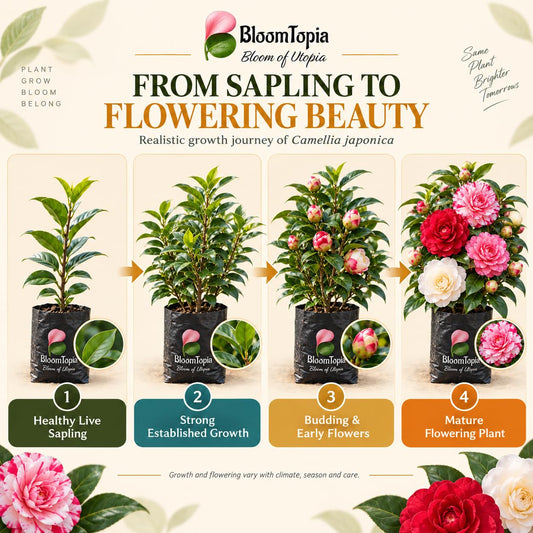 Illustrated growth stages for Camellia Japonica, from young plant to mature growth.