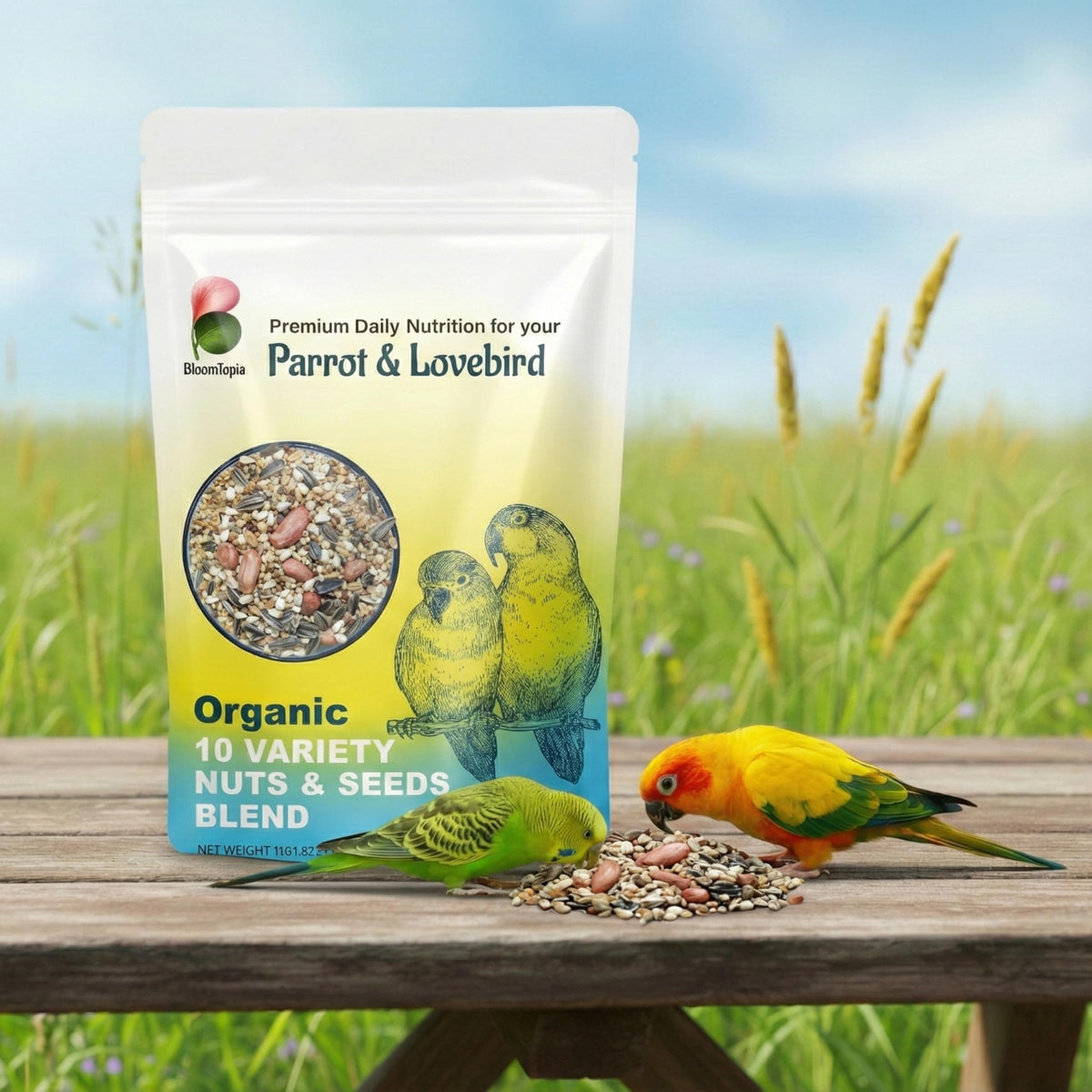 Mixed bird seed pouch beside feeding birds.