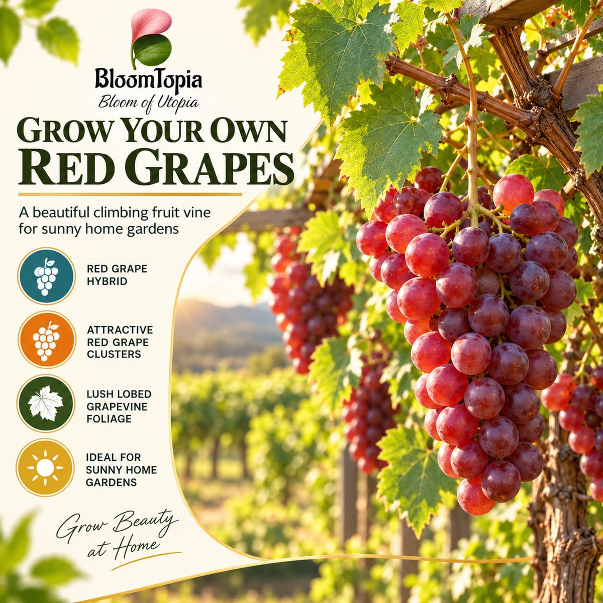 Illustration of mature Red Grape Vine features with variety callouts.