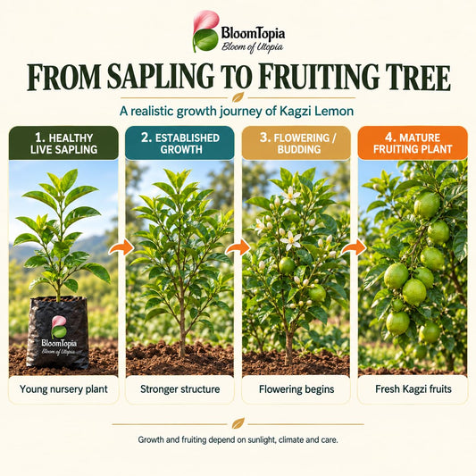 Illustrated growth stages for Kagzi Lemon (Nimbu), from young plant to mature growth.