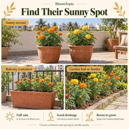Illustrated marigold growing locations in pots and garden beds.