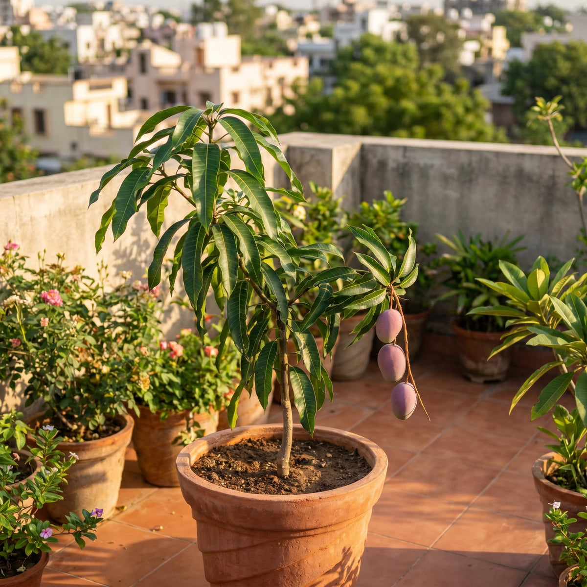 Potted mango plant on a terrace.