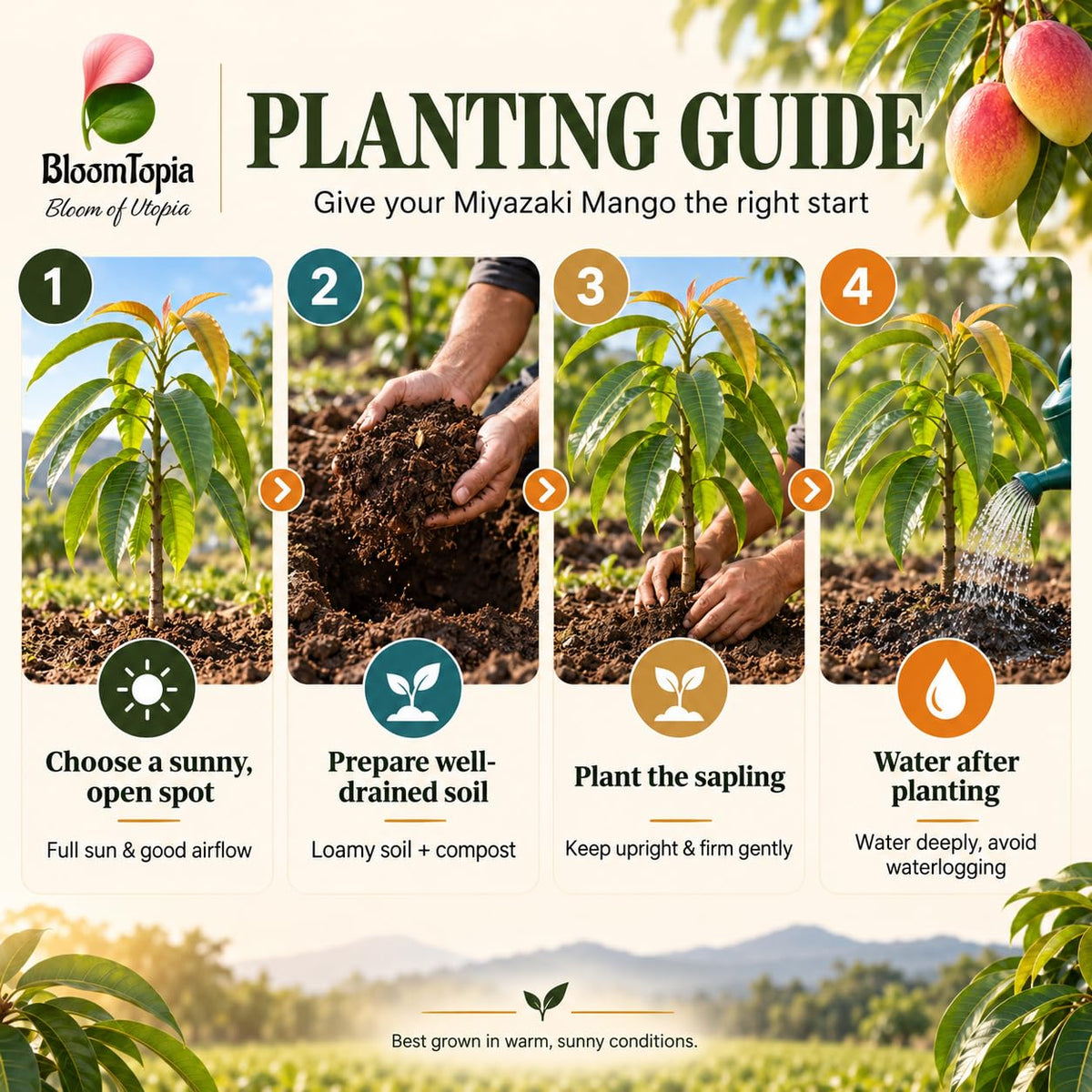Step-by-step planting illustration for Miyazaki Mango.