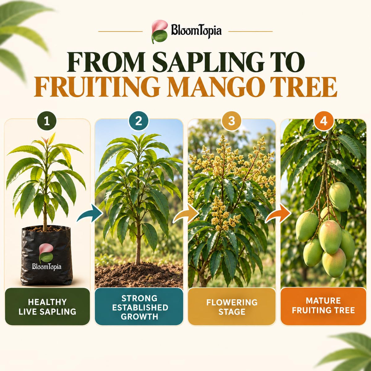 Illustrated growth stages for Vietnam Variety Mango, from young plant to mature growth.