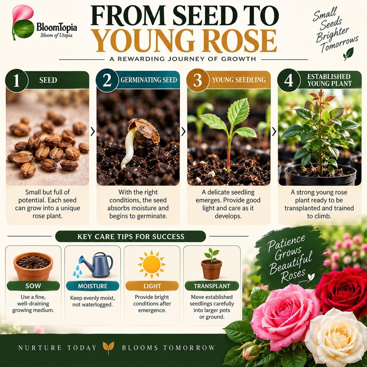 Illustrated stages from rose seed to young plant.