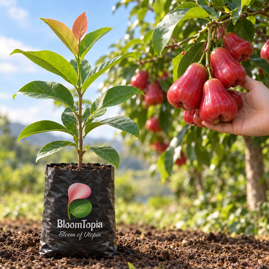 Illustration comparing young Red Water Apple Jamrul nursery growth with a mature plant.