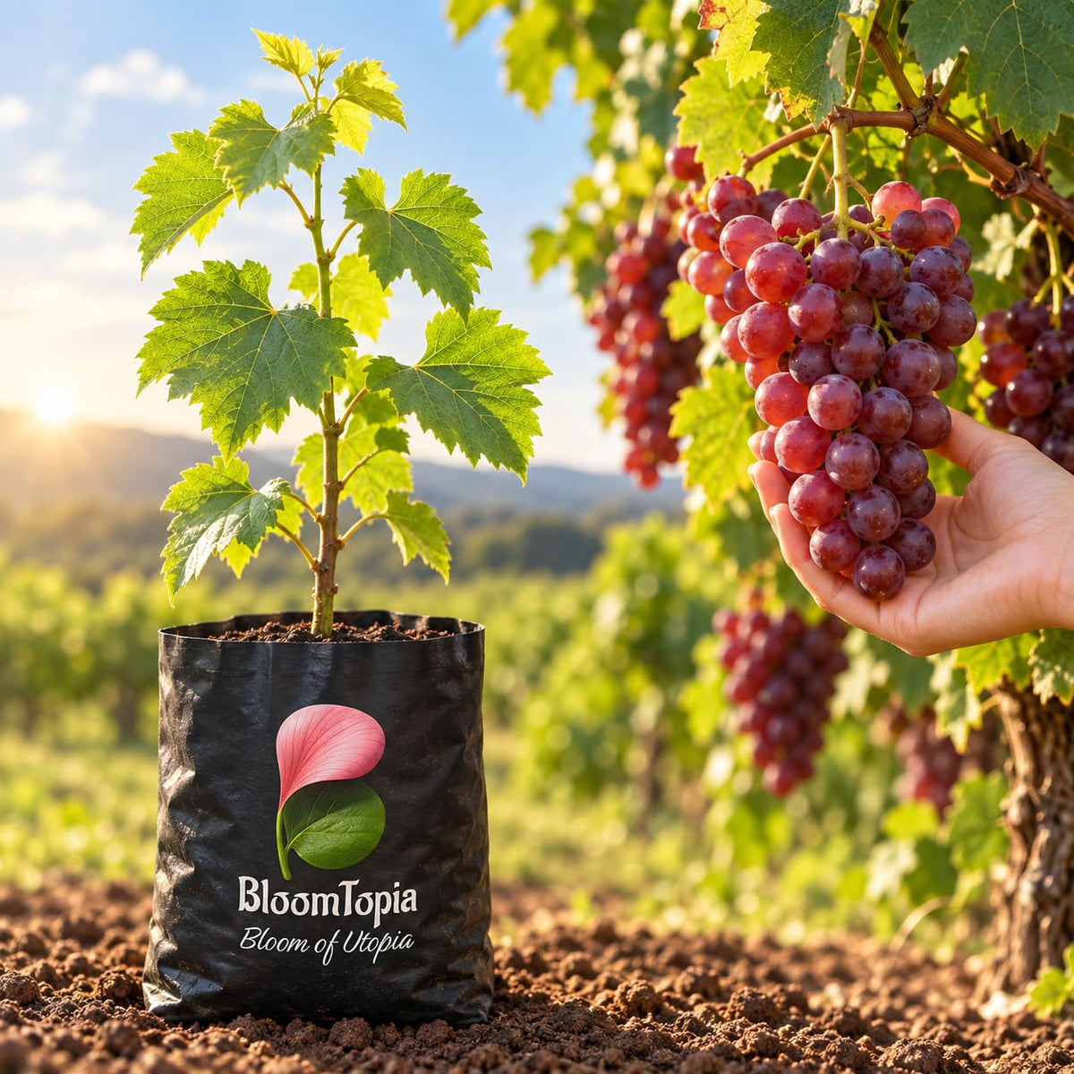 Illustration comparing young Red Grape Vine nursery growth with a mature plant.