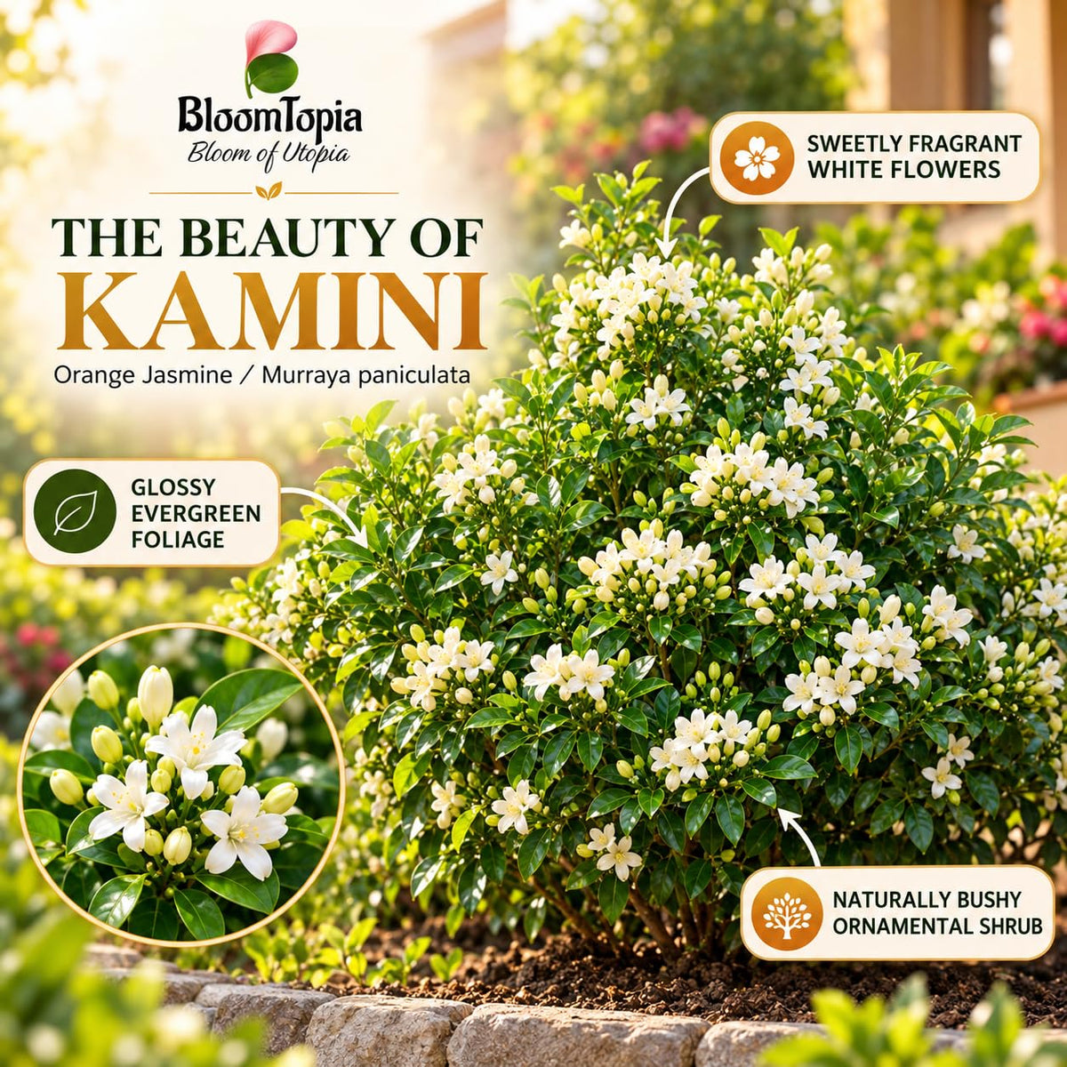 Illustration of mature Kamini (Orange Jasmine) features with variety callouts.