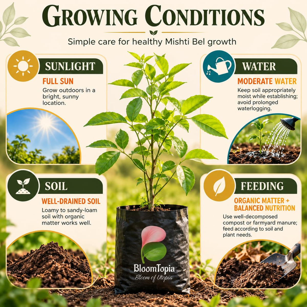 Sunlight, water, soil and feeding guide for Mishti Bel.