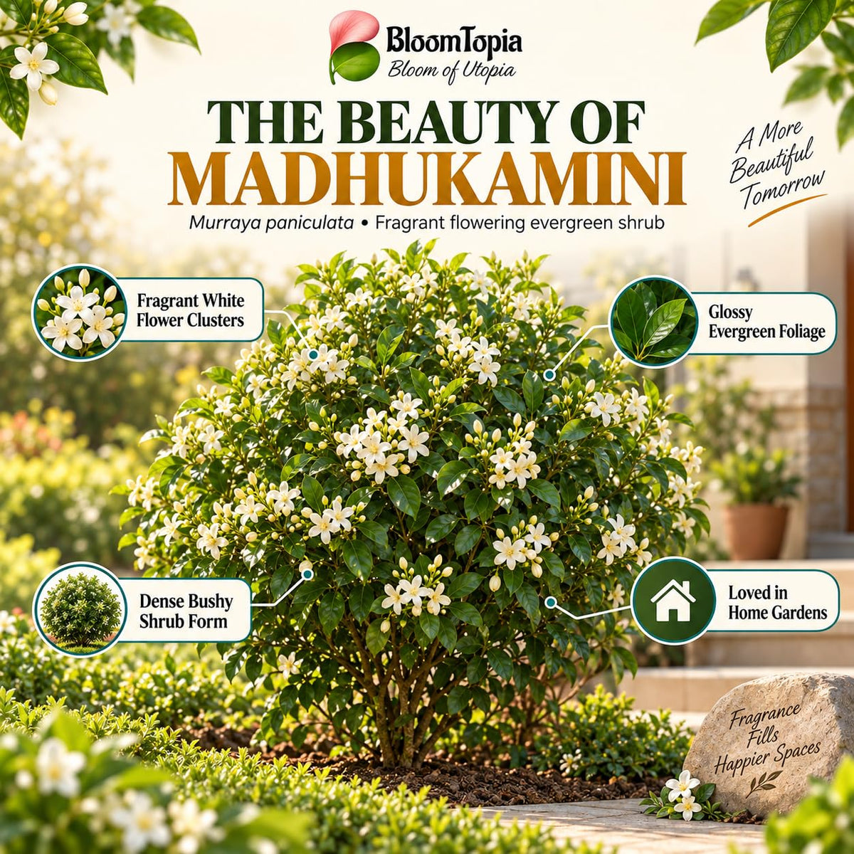 Illustration of mature Madhukamini Fragrant features with variety callouts.