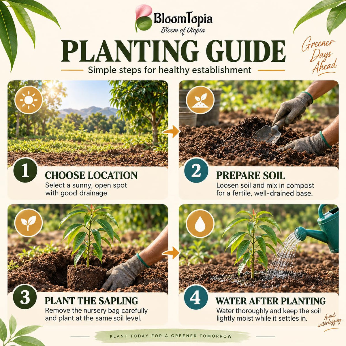 Four-step planting illustration for All-Season Mango.