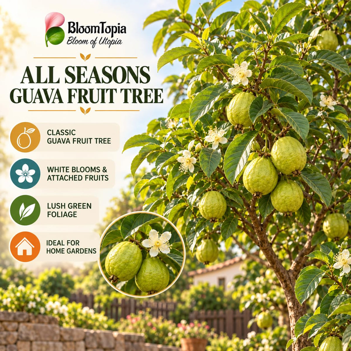 Illustration of mature All Seasons Guava features with variety callouts.