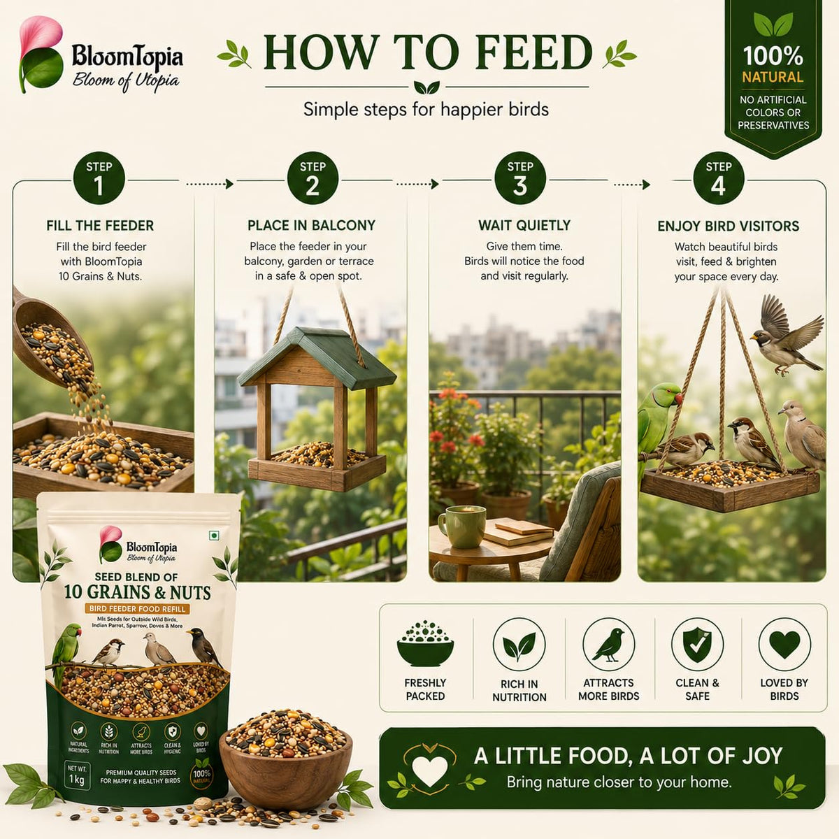 Illustrated bird-feeding, storage and feeder-cleaning guide.