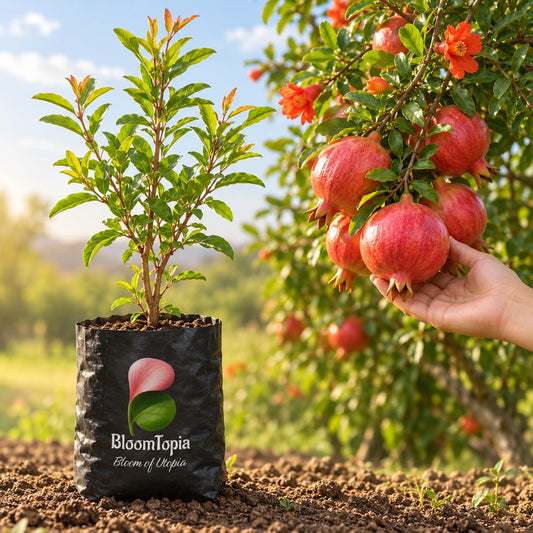 Illustration comparing young Kandhari Anar Pomegranate nursery growth with a mature plant.