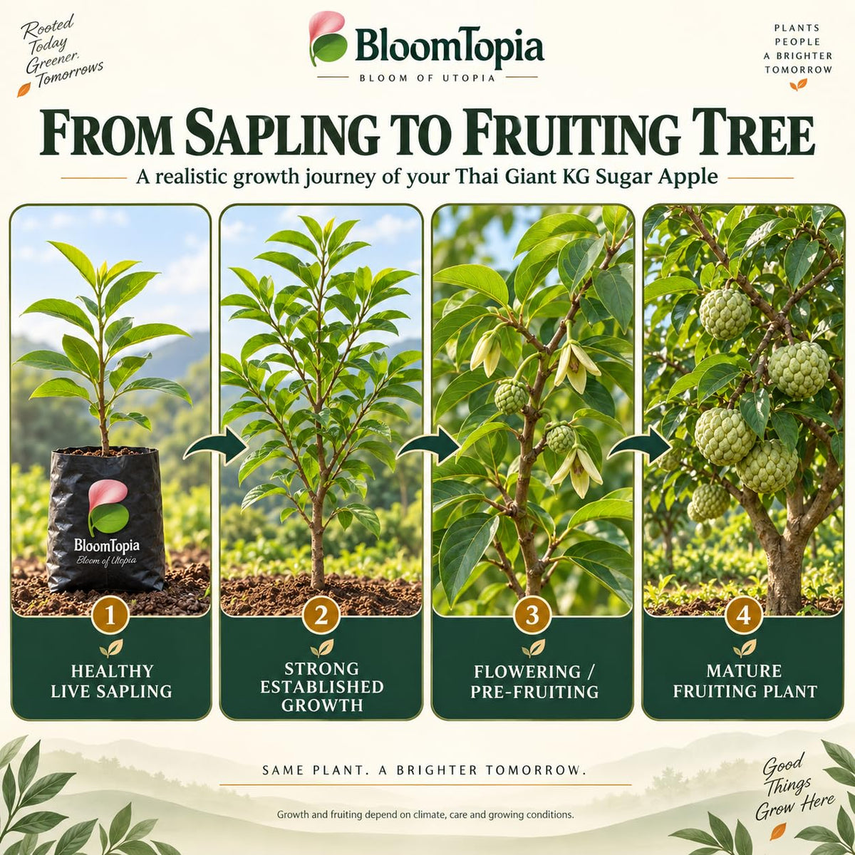 Illustrated growth stages for Thai Giant KG Sugar Apple Sitafal, from young plant to mature growth.