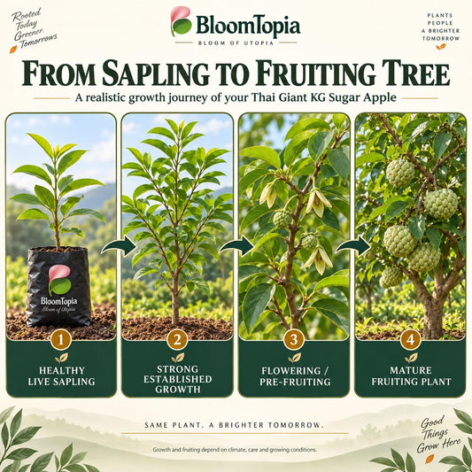 Illustrated growth stages for Thai Giant KG Sugar Apple Sitafal, from young plant to mature growth.