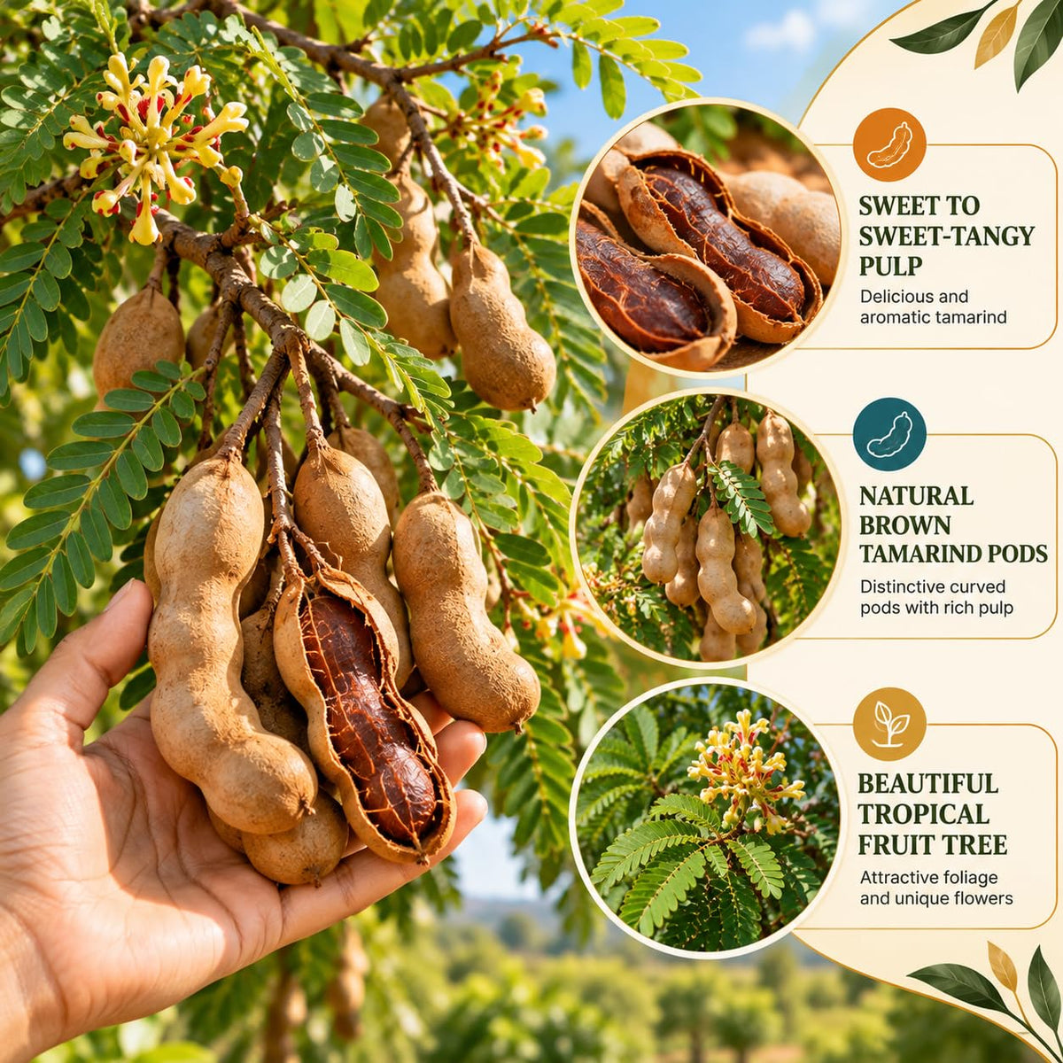Illustration of mature Sweet Tamarind (Misthi Tetul) features with variety callouts.