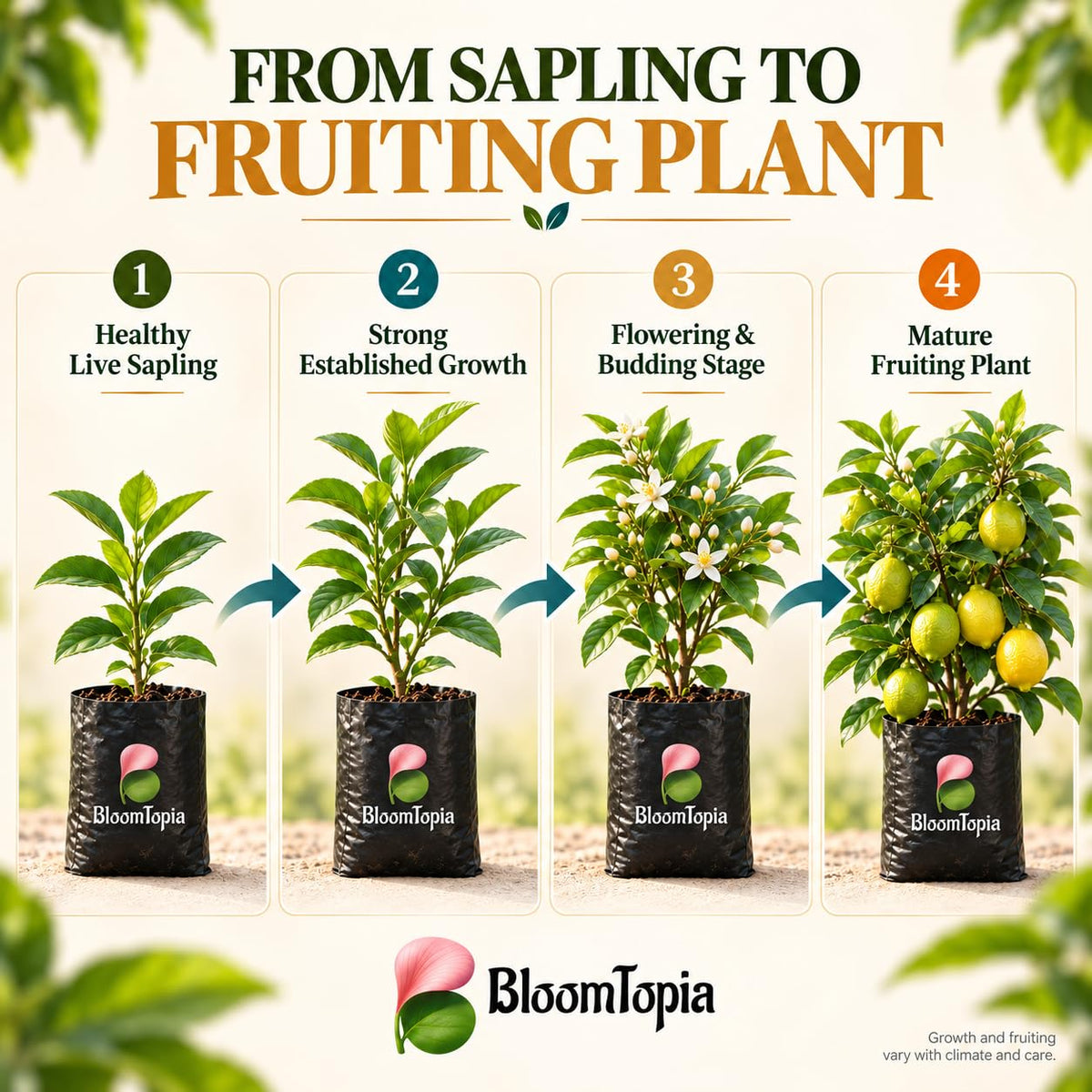 Illustrated growth stages for Kolkata Pati Lebu Lemon, from young plant to mature growth.