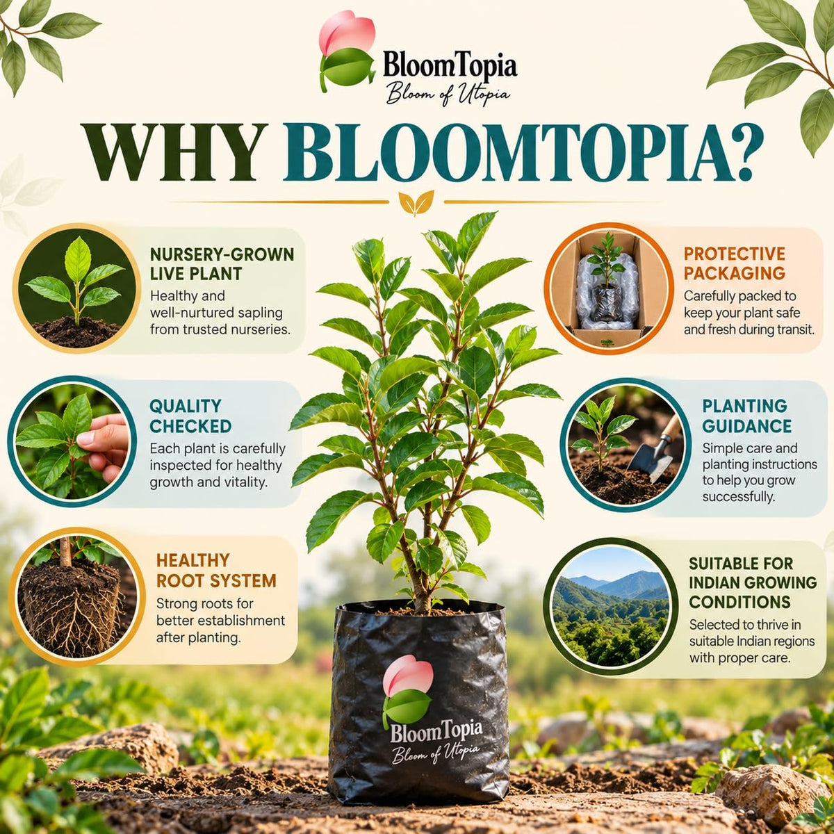 BloomTopia plant-handling and brand-information panel featuring Anna Apple.