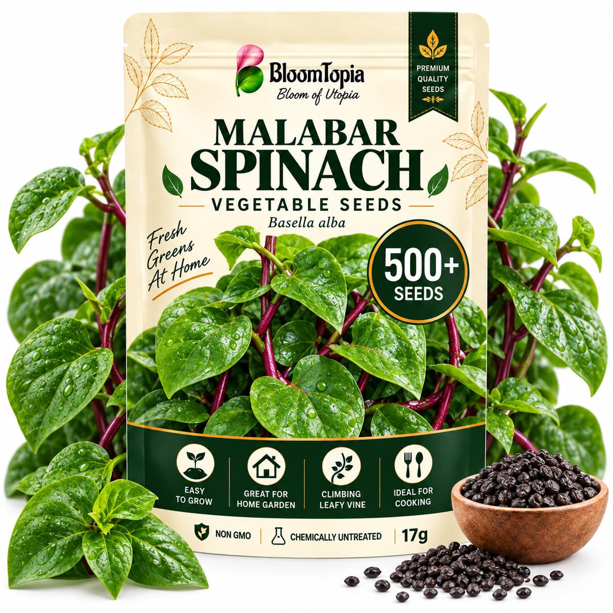 BloomTopia Malabar spinach seed pouch beside leaves and loose seeds.