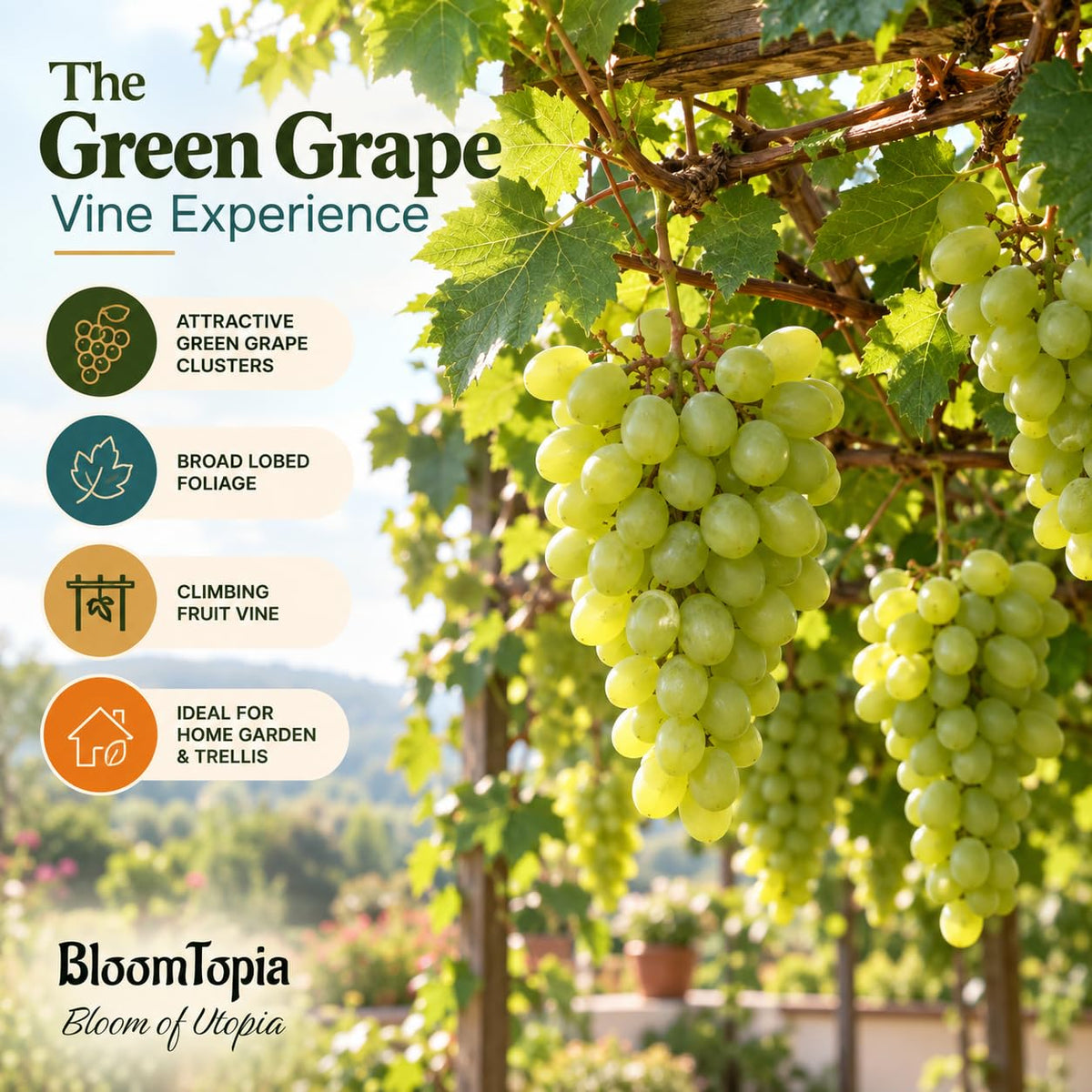 Illustration of mature Green Grapes (Angur) Vine features with variety callouts.