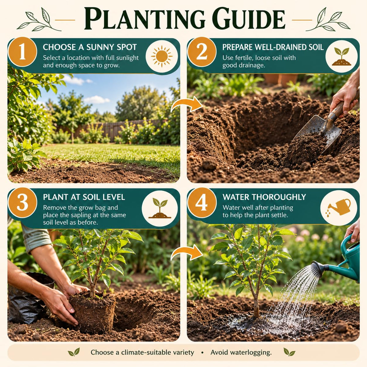 Four-step planting illustration for Alubukhara Plum.