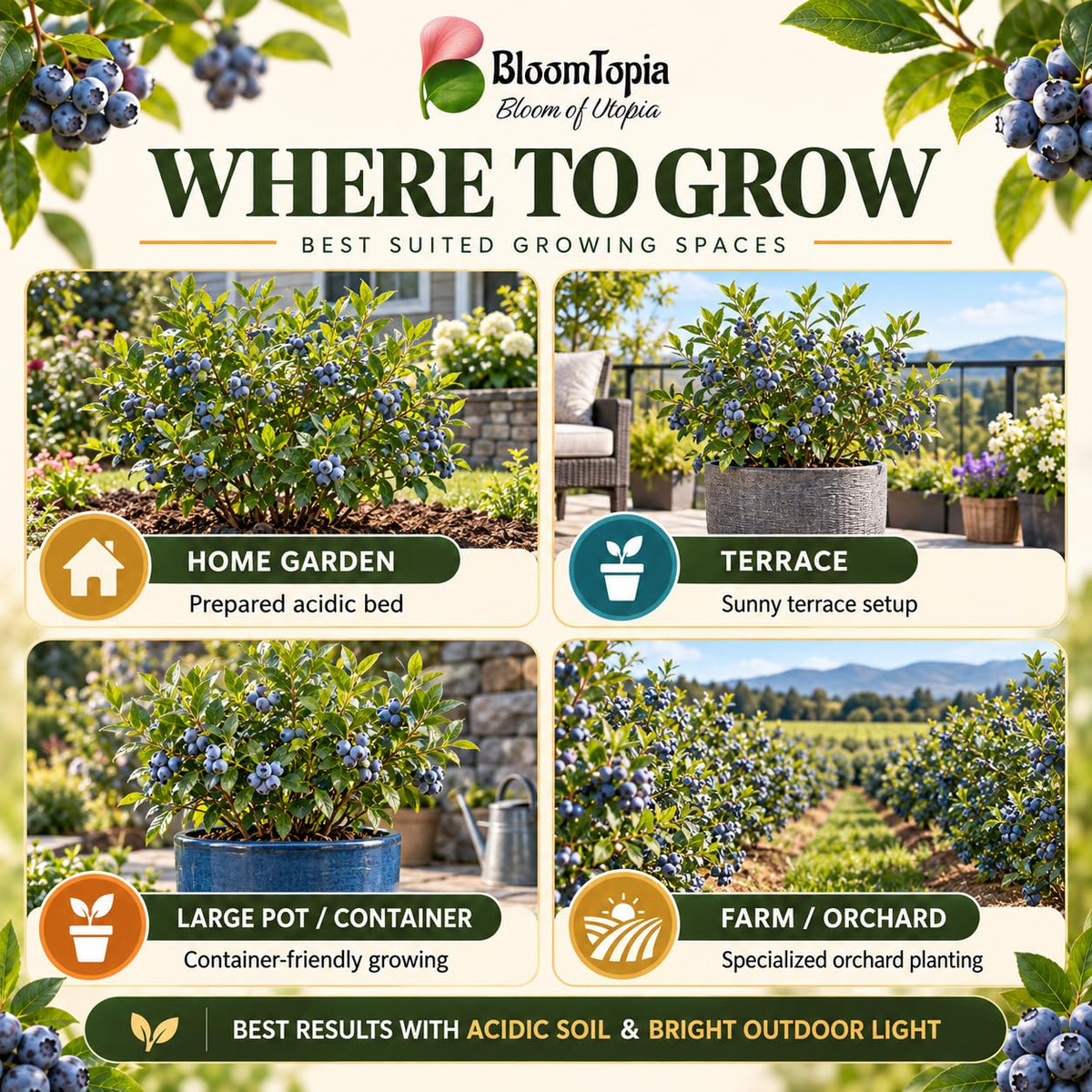 Illustrated growing locations for Blueberry.