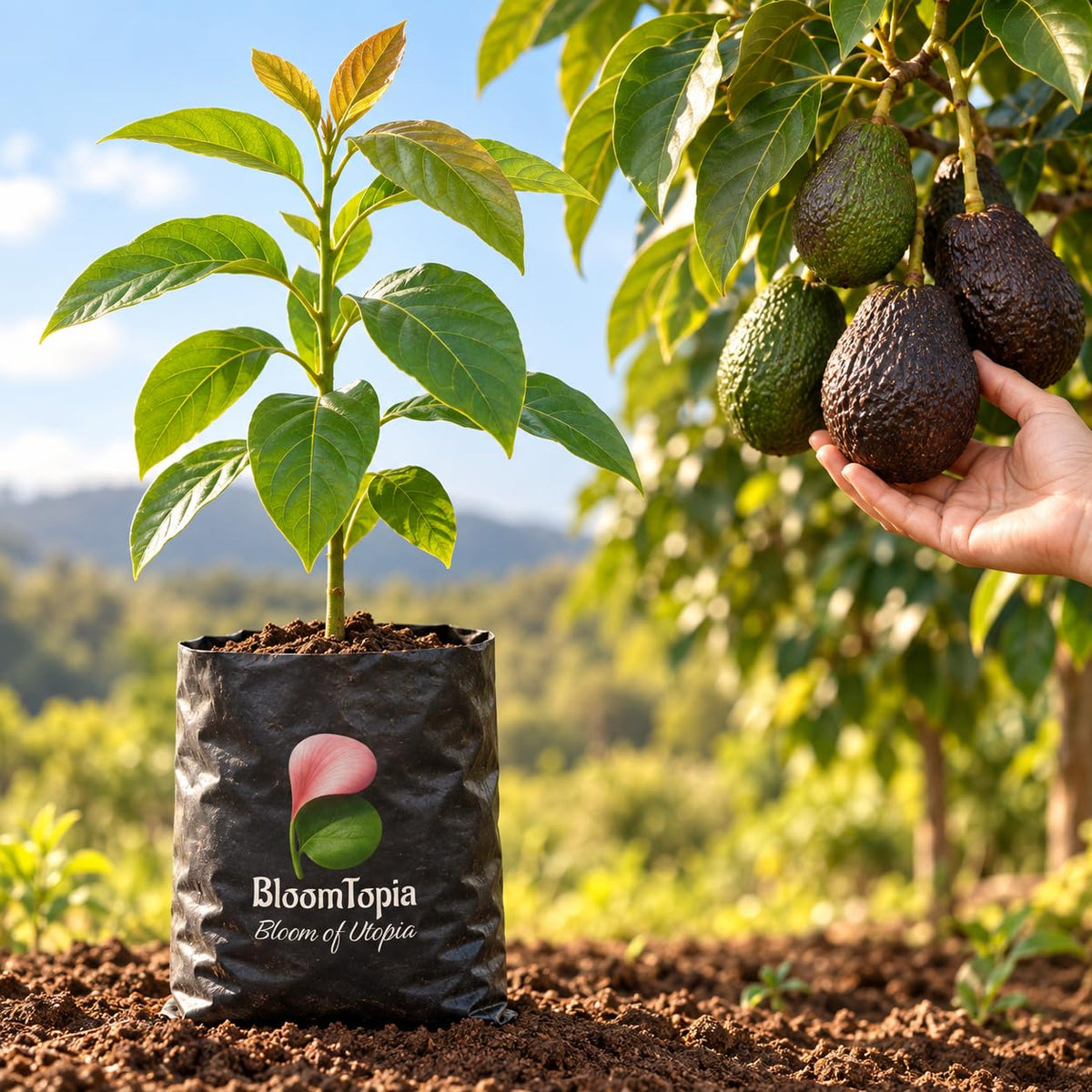 Illustration comparing young Hass Avocado nursery growth with a mature plant.