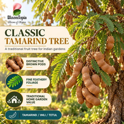 Illustration of mature Tamarind (Imli/Tetul) features with variety callouts.
