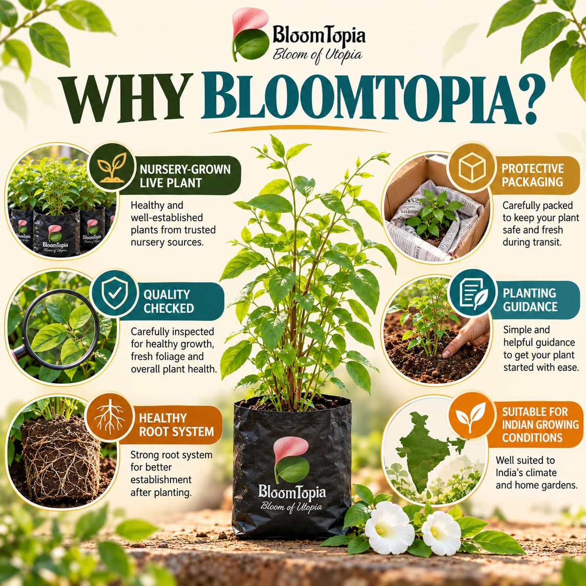 BloomTopia plant-handling and brand-information panel featuring White Aparajita.