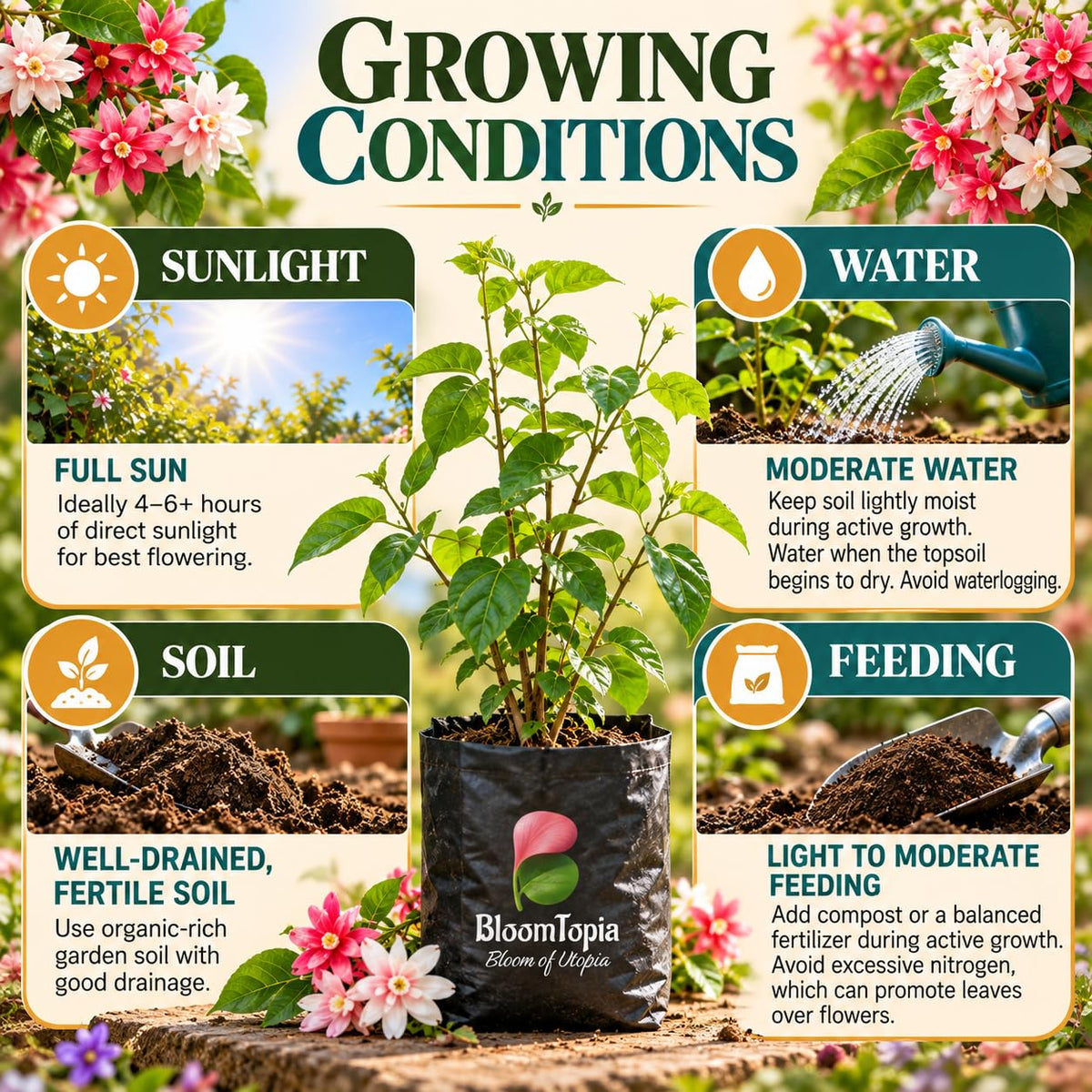 Sunlight, water, soil and feeding guide for Double Petal Madhumalti Rangoon Creeper.