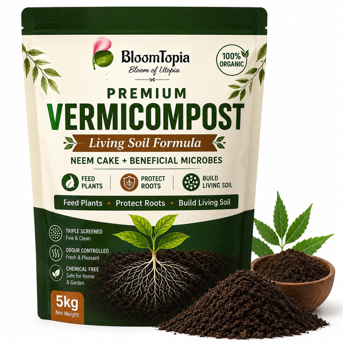 BloomTopia vermicompost with neem cake pouch.