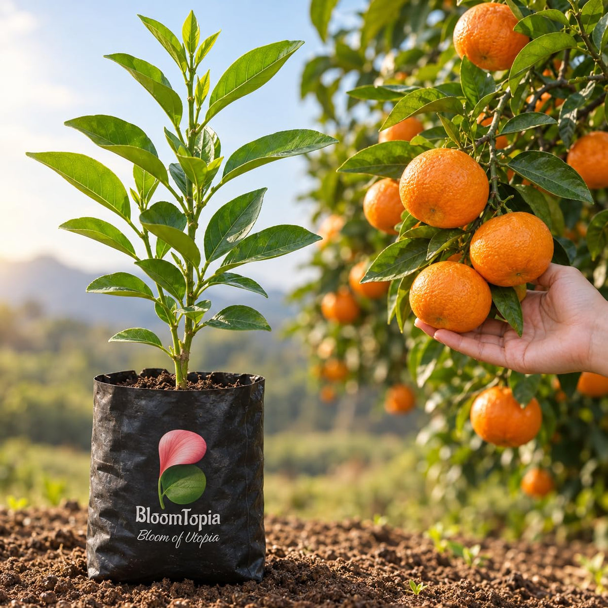 Illustration comparing young Nagpur Mandarin Orange nursery growth with a mature plant.