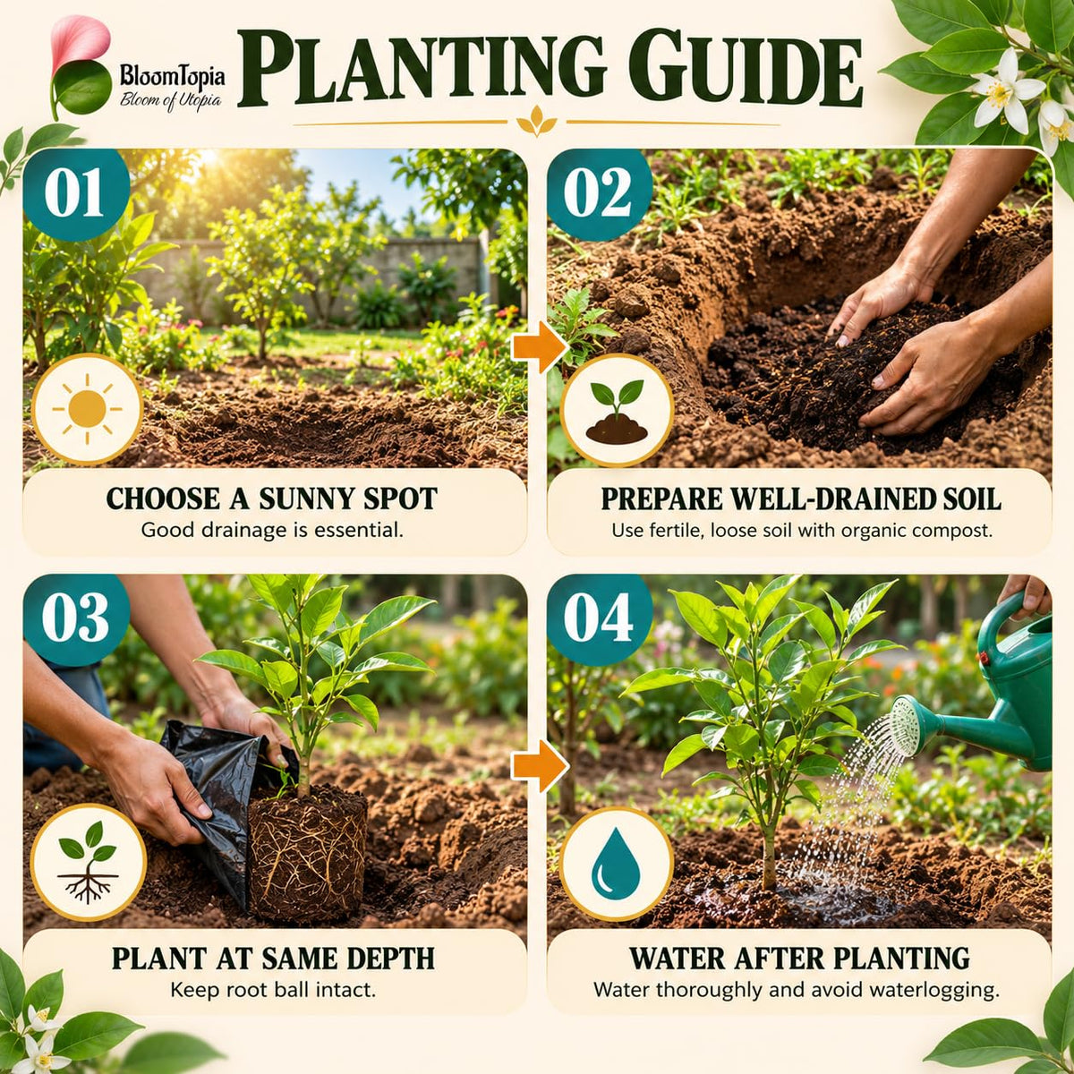 Step-by-step planting illustration for Gondhoraj Lemon.