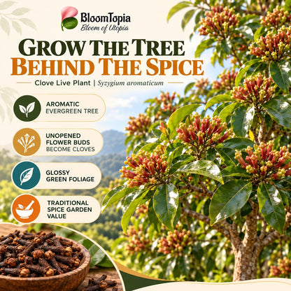 clove plant and fruit features illustration.
