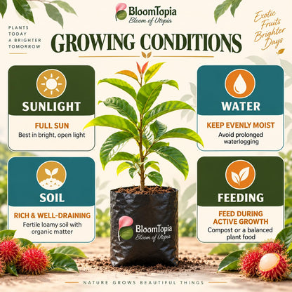 Sunlight, water, soil and feeding guide for Exotic Red Rambutan.