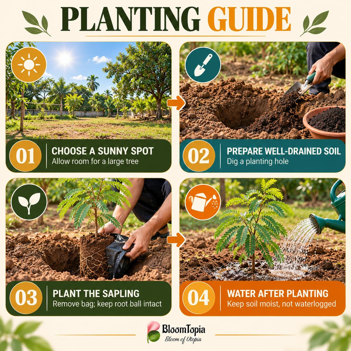 Step-by-step planting illustration for Tamarind (Imli/Tetul).