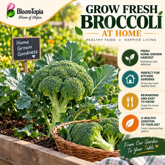 Broccoli plant and harvested-head illustration with product callouts.
