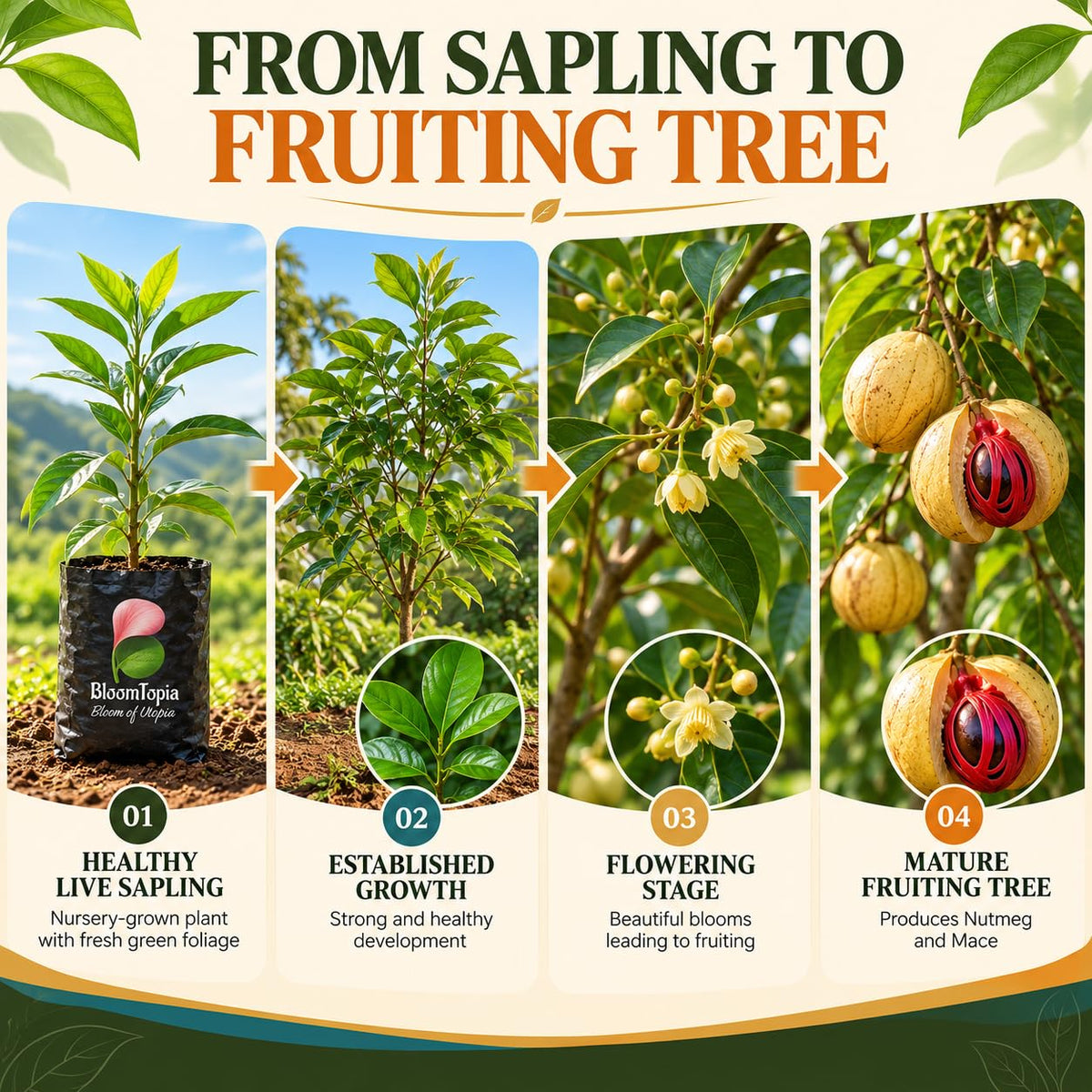 Illustrated nutmeg plant growth stages.