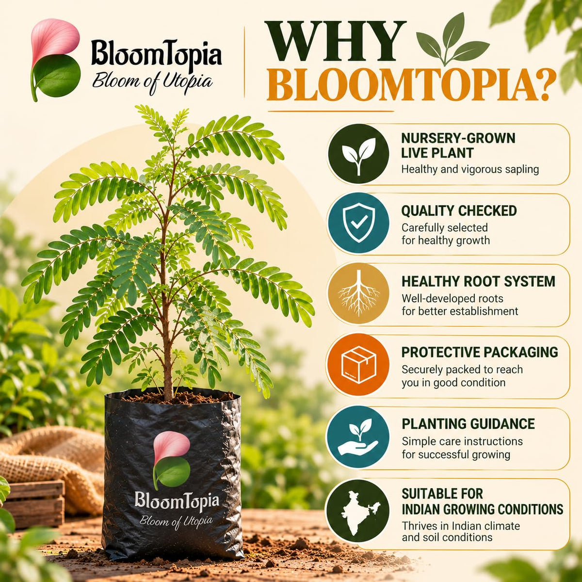 BloomTopia plant-handling and brand-information panel featuring Tamarind (Imli/Tetul).
